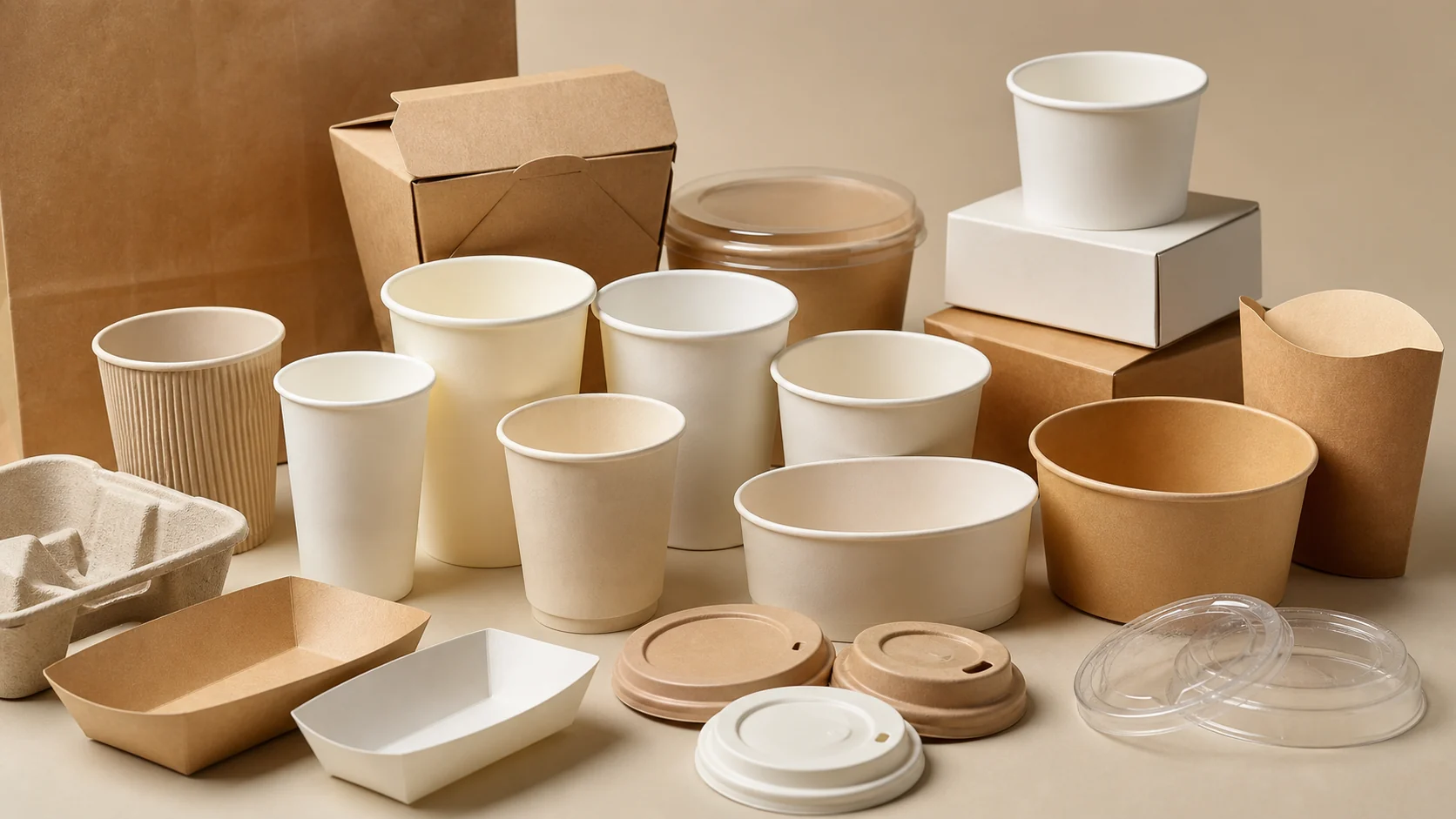 Empty unbranded cups bowls lids and packaging components arranged for material review