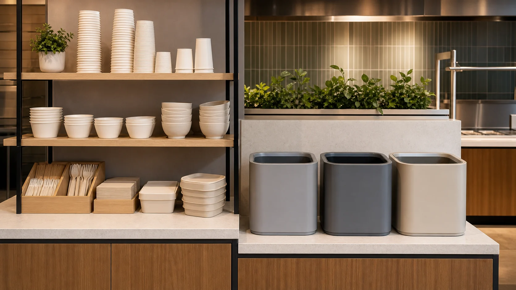 Empty unbranded food packaging beside plain unlabelled containers in a clean service area