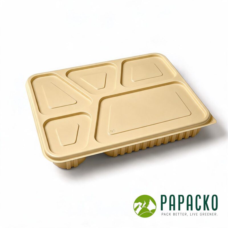 cornstarch-food-containers-5-compartment-papacko-logo Papacko five-compartment cornstarch food container with fitted lid
